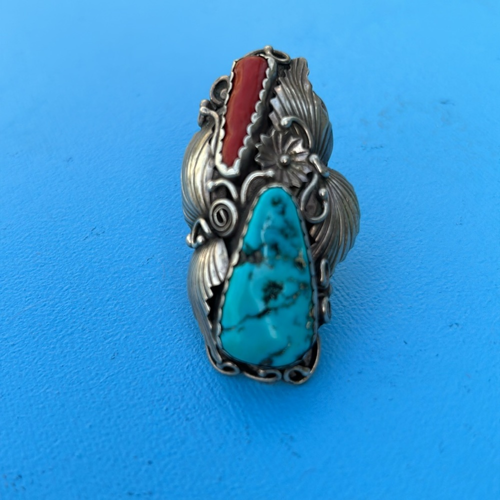 VINTAGE NATIVE AMERICAN TURQUOISE & CORAL Ring SIGNED- CVB 🤯Drastic Price Drop